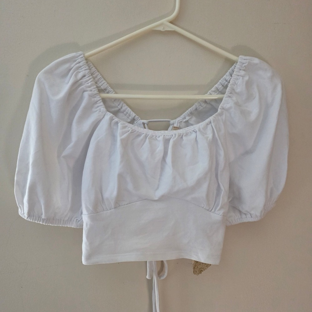 Altard State Womens Milkmaid Crop Top Size Medium White Puff Sleeve Lace Up Ren